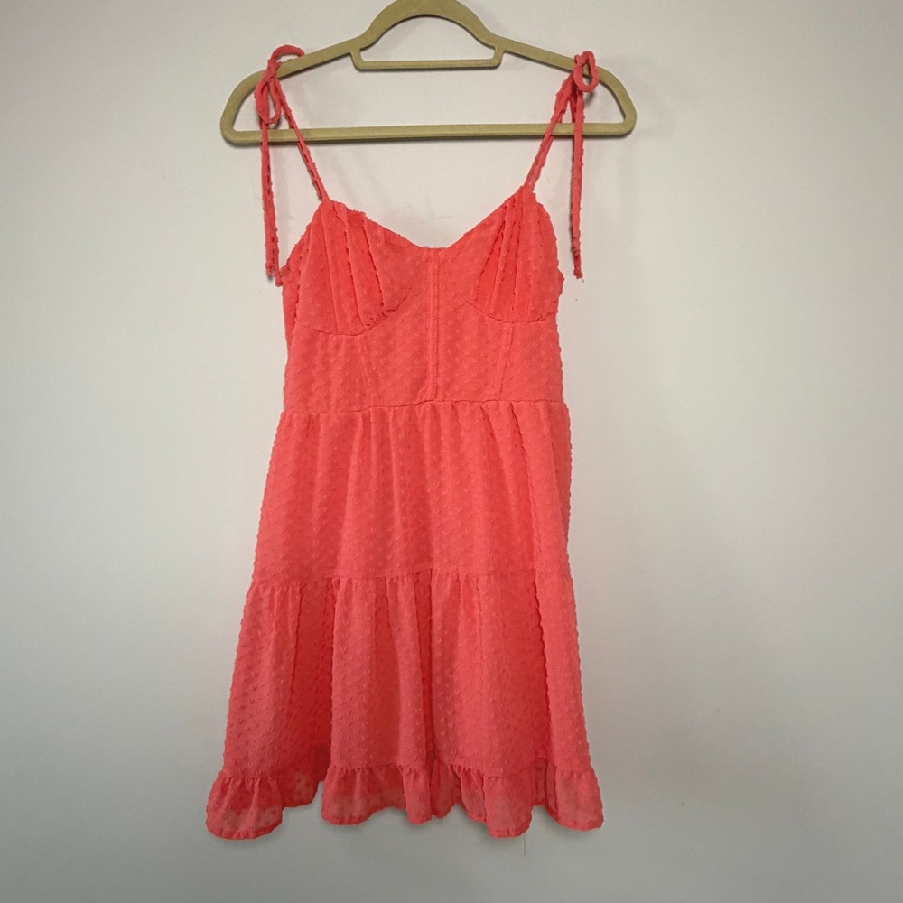 Coral Pink Heart Clip Dot Tiered Mini Dress Bustier M Cottage Milkmaid Coquette‎